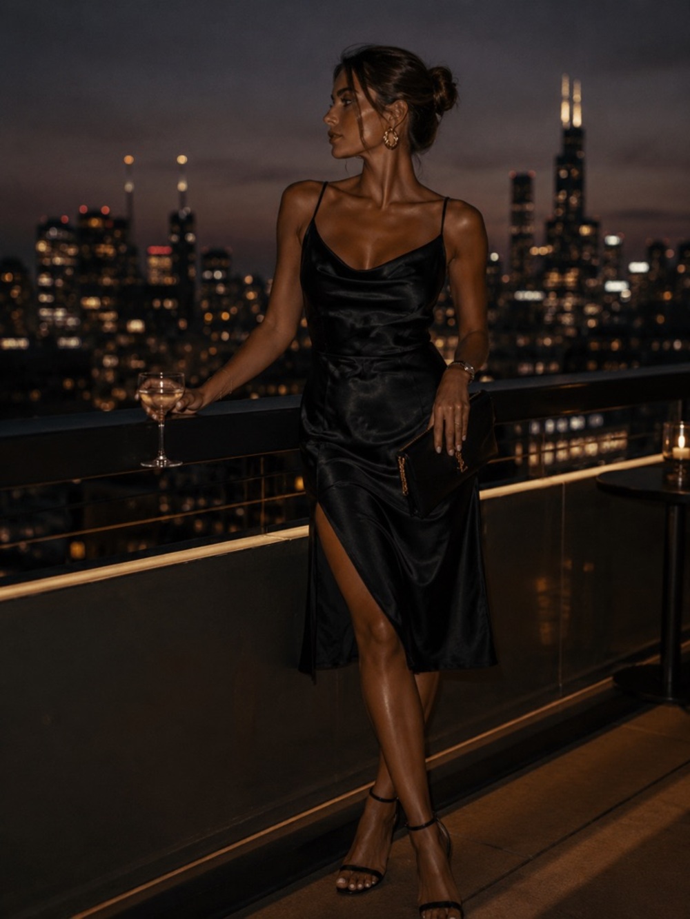 Kittenish Black Waist Cinch Side Slit Maxi Dress Vacation Resort Date Night